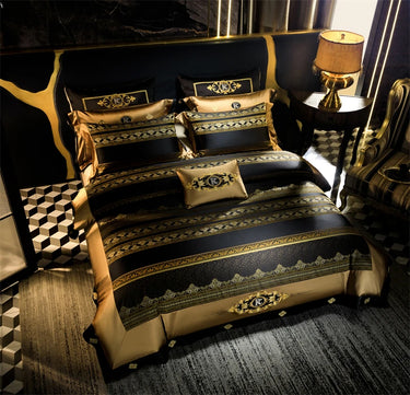 Black Gold European Jacquard Embroidered Duvet Cover Set, Egyptian Cotton 1200TC Bedding Set